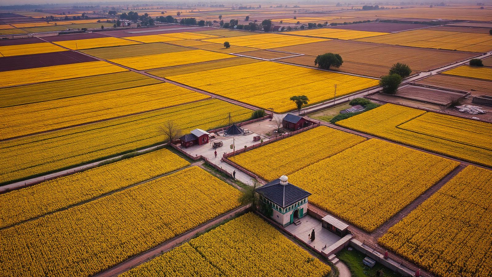 Aerial view of a Punjab village and mustard fields